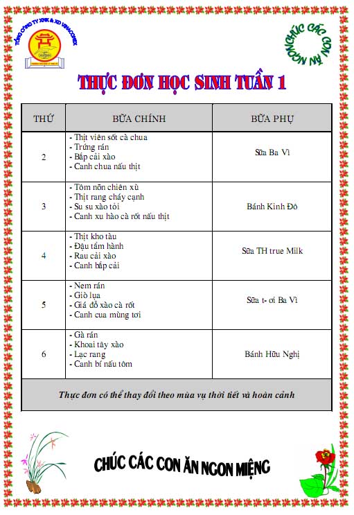 Thực đơn tháng 9 năm 2019