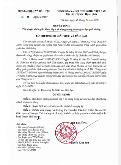 QĐ số 45_Phê duyệt SGK lớp 4