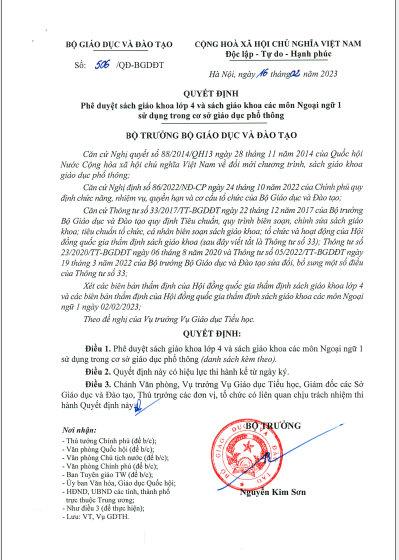 QĐ 506 phê duyệt SGK lớp 4 và NN1 ngoài TA của Bộ GD&DT
