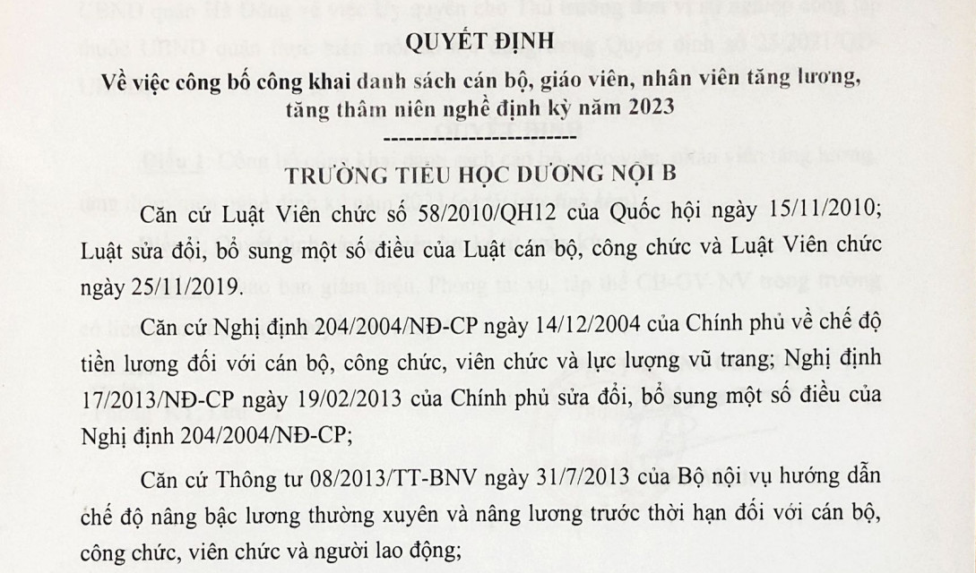 Công bố công khai cán bộ giáo viên, nhân viên tăng lương 2023