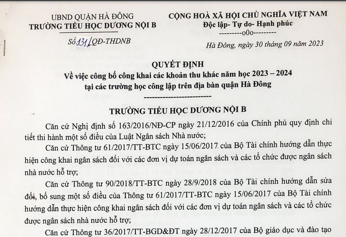 Công bố công khai các khoản thu khác năm 2023-2024