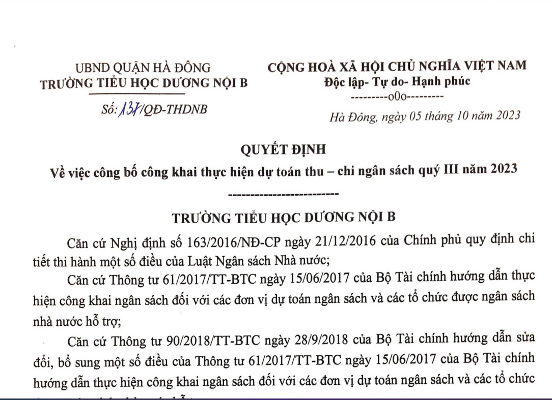 Công bố công khai thực hiện dự toán thu-chi ngân sách quý III năm 2023