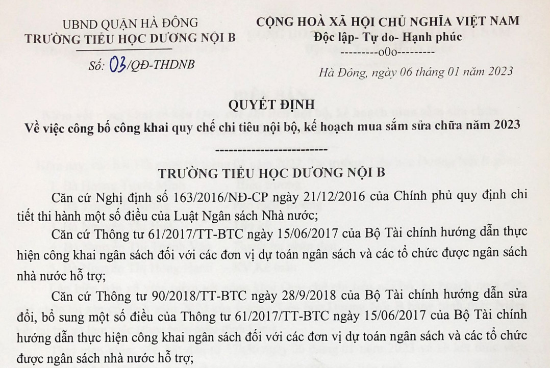 Công bố công khai quy chế chi tiêu nội bộ 2023