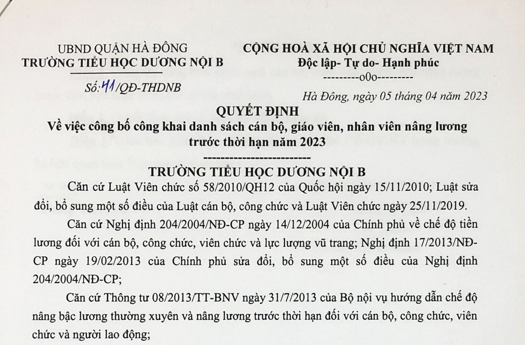 Công bố công khai danh sách cán bộ giáo viên, nhân viên tăng lương trước thời hạn năm 2023
