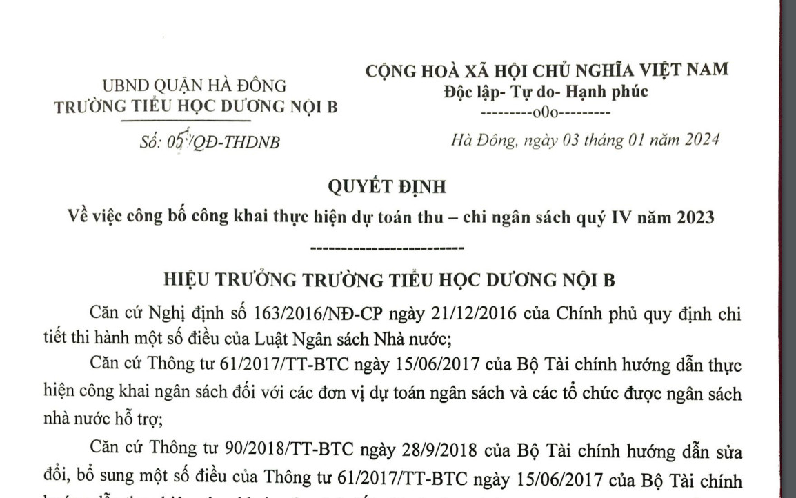 Công khai thực hiện dự toán thu, chi ngân sách quý IV năm 2023