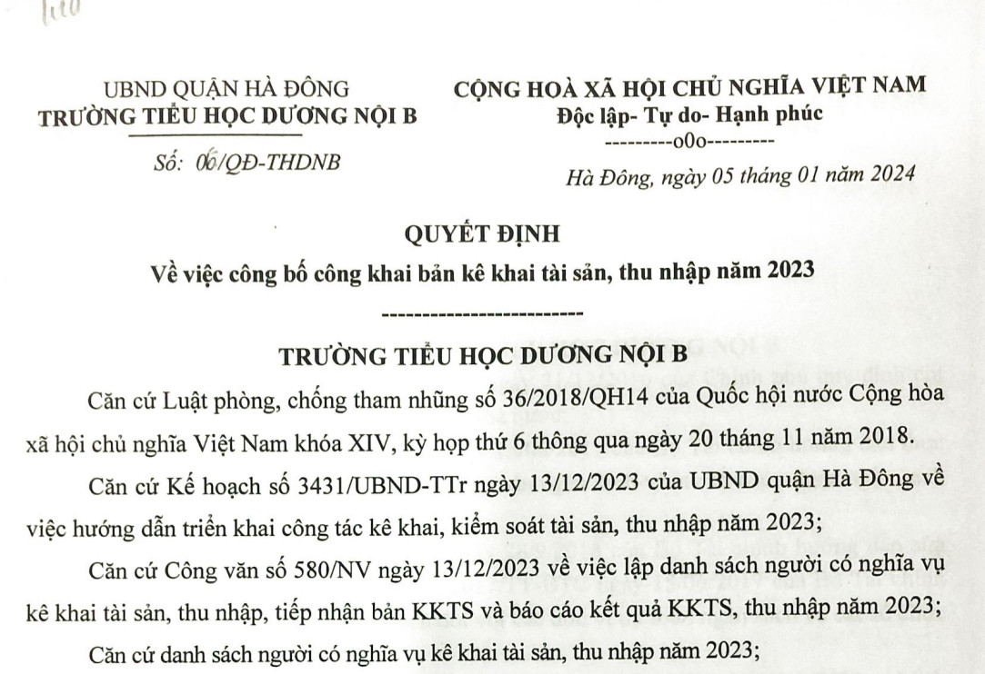 Công bố công khai bản kê khai tài sản thu nhập năm 2023