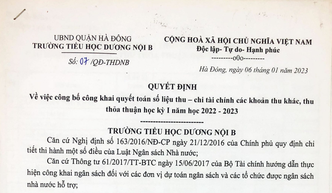 Công khai quyết toán số liệu thu, chi tài chính khác khoản thu học  kỳ I năm 2022-2023