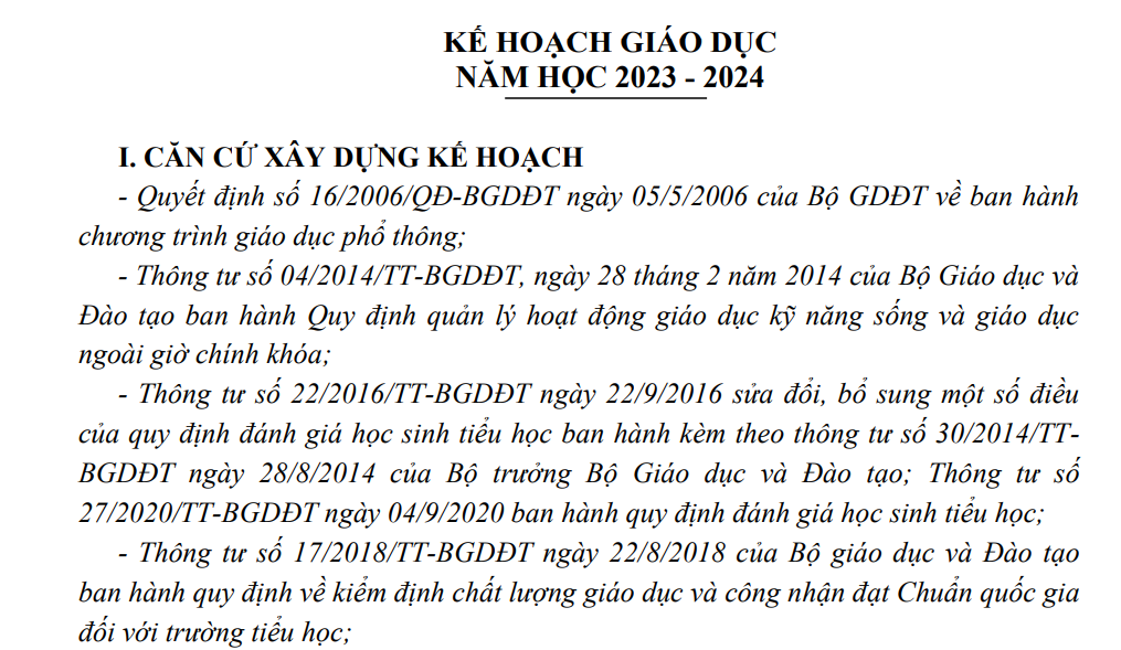 KẾ HOẠCH GIÁO DỤC NĂM HỌC 2023 - 2024