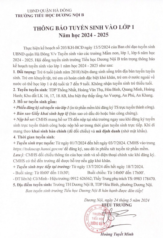 Kế hoạch Tuyển sinh Trưởng Tiểu học Dương Nội B