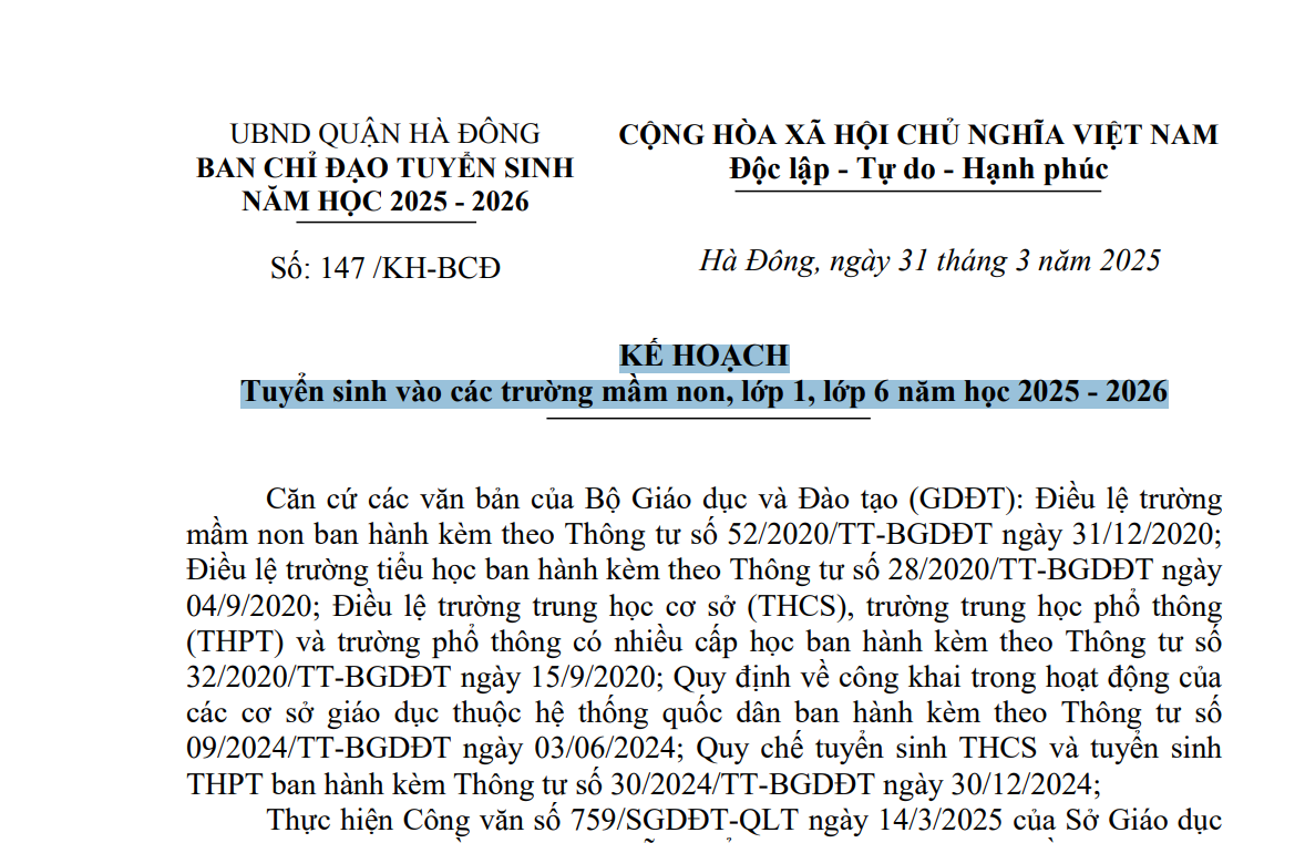 KẾ HOẠCH Tuyển sinh vào các trường mầm non, lớp 1, lớp 6 năm học 2025 - 2026