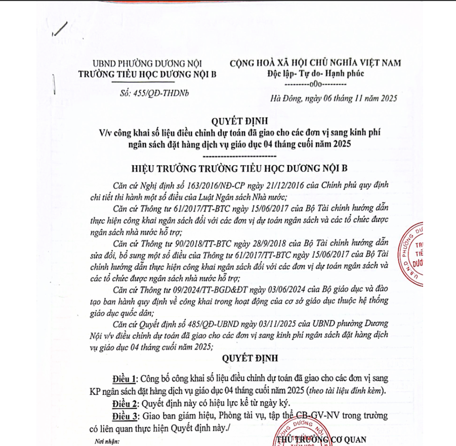 Công khai số liệu điều chỉnh dự toán đã giao sang kinh phí đặt hàng GD 4 tháng cuối năm 2025