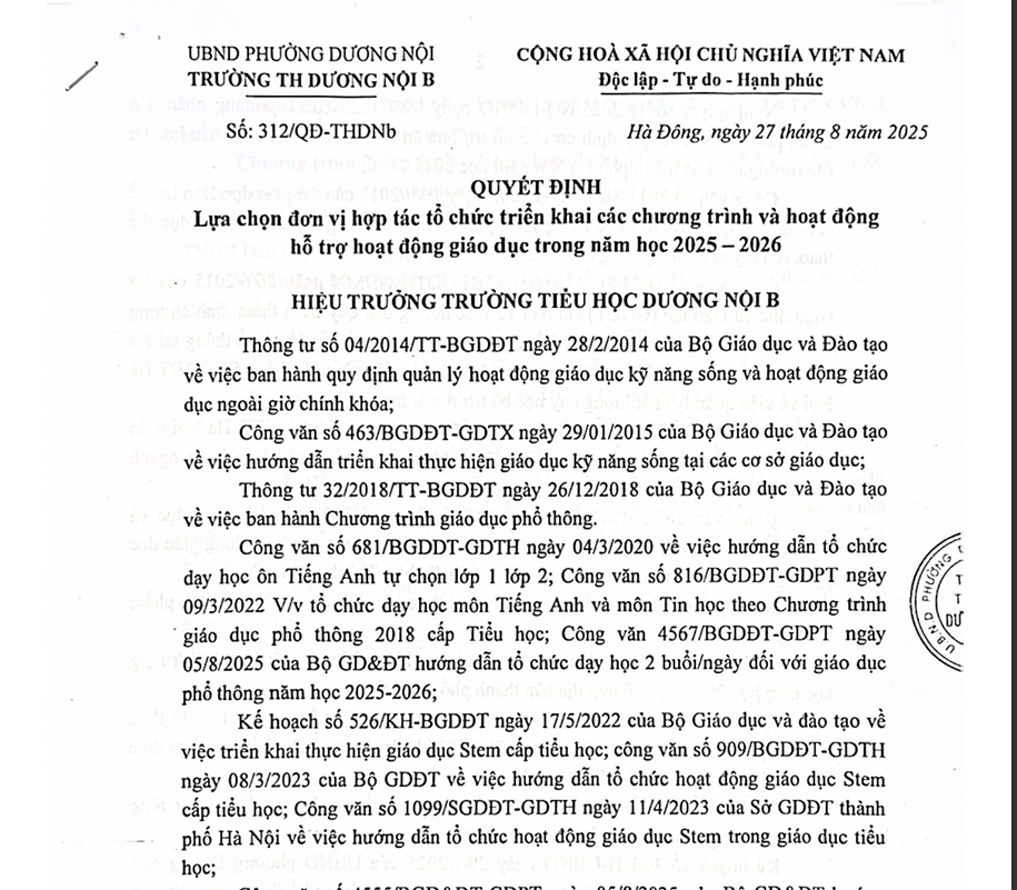 Quyết đinh lựa chọn đơn vị tổ chức triển khai các chương trình và hoạt động