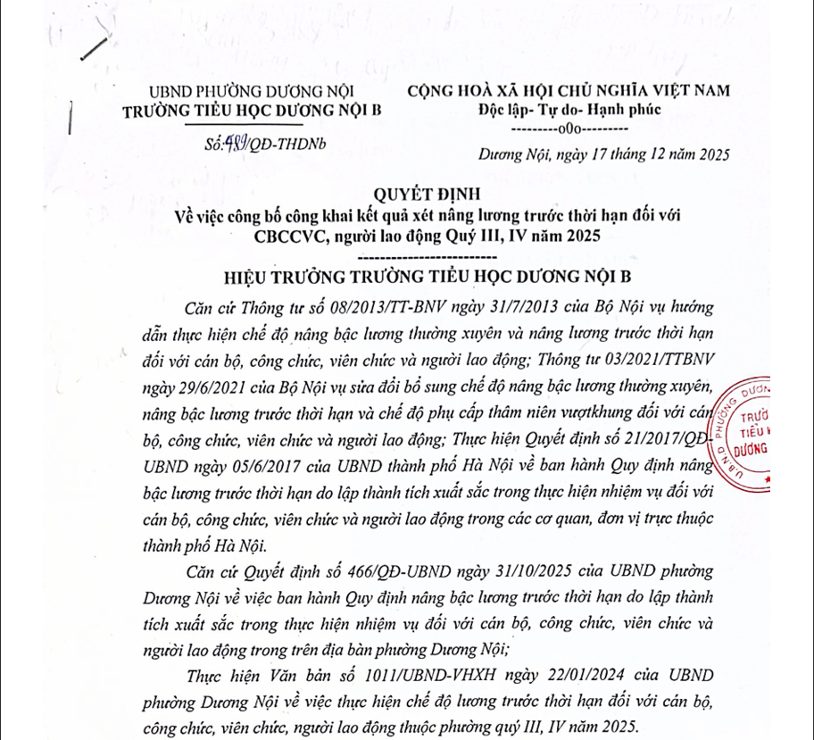 Công khai kết quả xét nâng lương trước thời hạn Quý 3,4 năm 2025