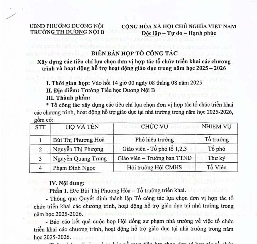 BIÊN BẢN HỌP TỔ CÔNG TÁC  Xây dựng các tiêu chí lựa chọn đơn vị hợp tác tổ chức triển khai các chương trình và hoạt động hỗ trợ hoạt động giáo dục trong năm học 2025 – 2026